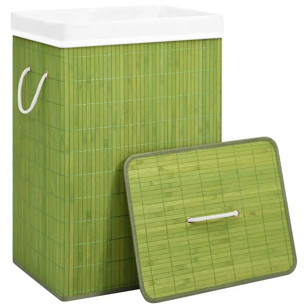 Bamboo Laundry Basket Green Single Section Removable Liner Freestanding Hamper