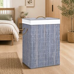 Bamboo Laundry Basket Single Section Grey Woven Fabric Liner Handles Storage