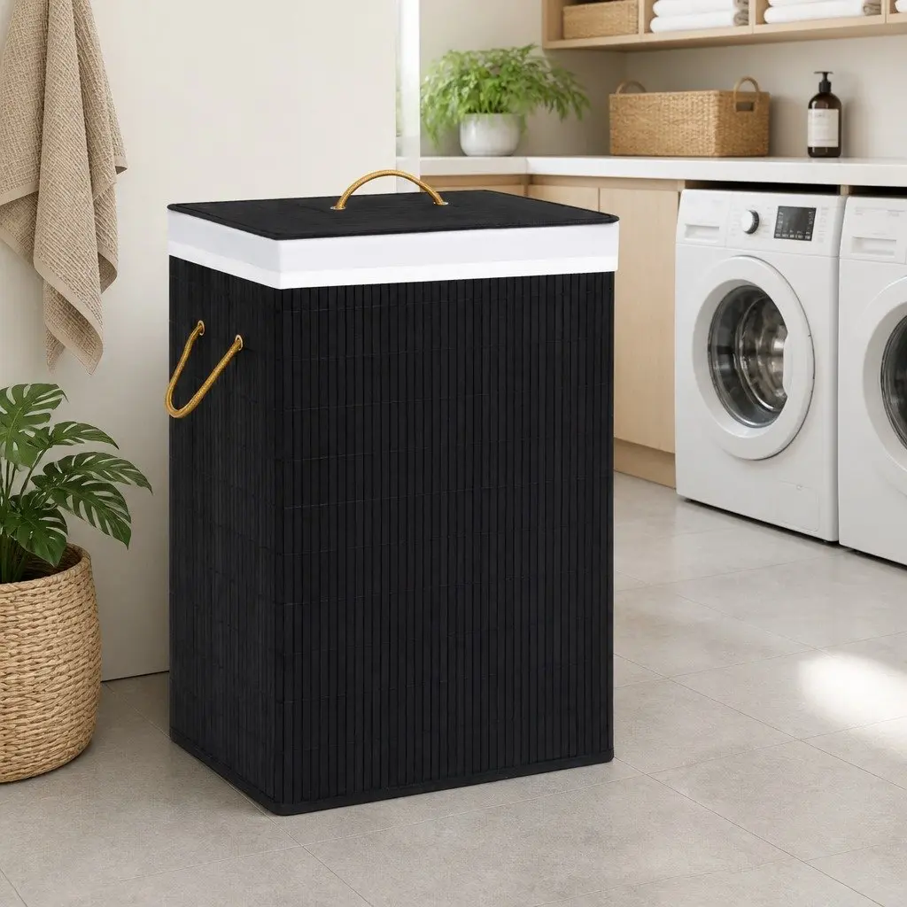 Bamboo Black Laundry Basket Single Section Removable Fabric Liner with Handles for Household Storage