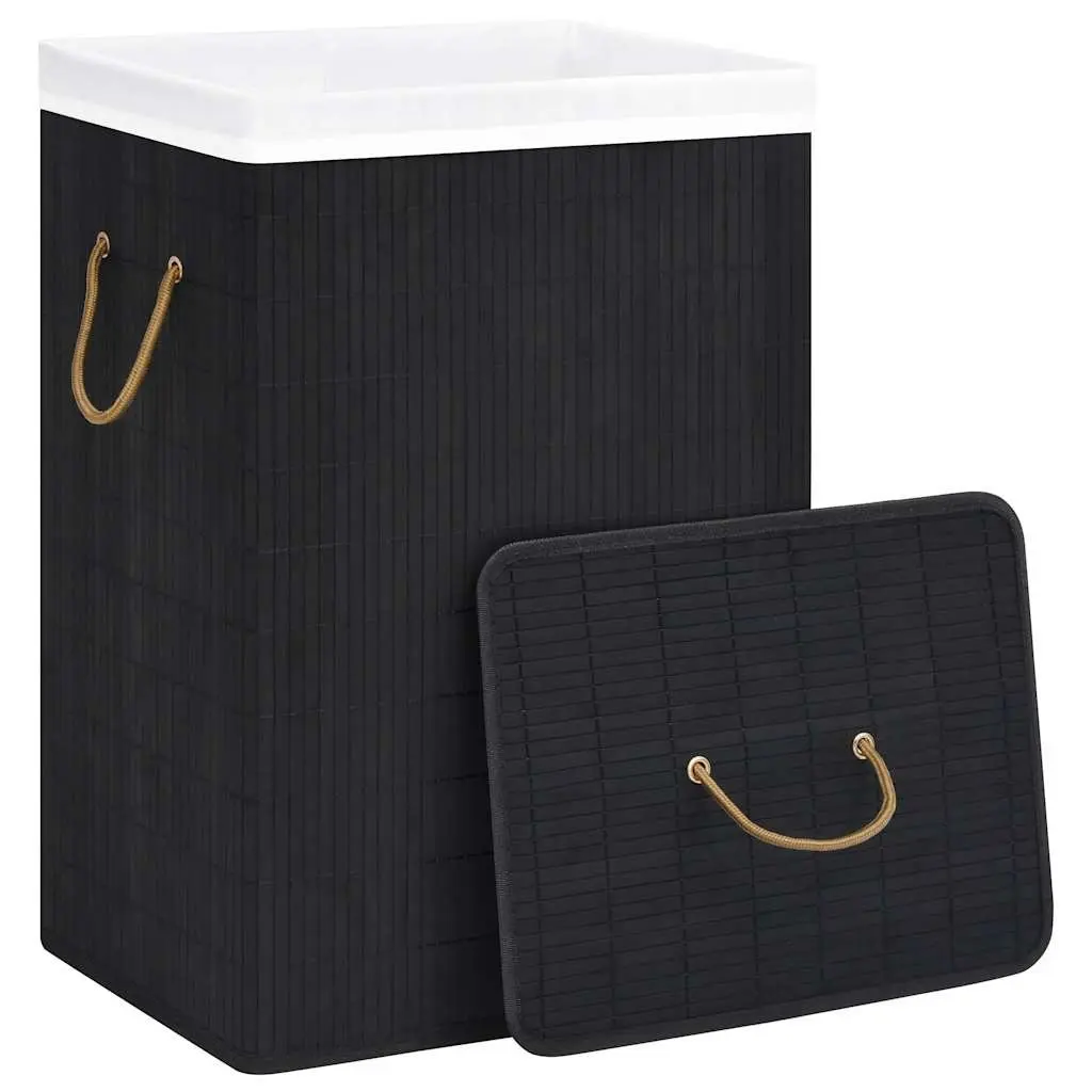 Bamboo Black Laundry Basket Single Section Removable Fabric Liner with Handles for Household Storage