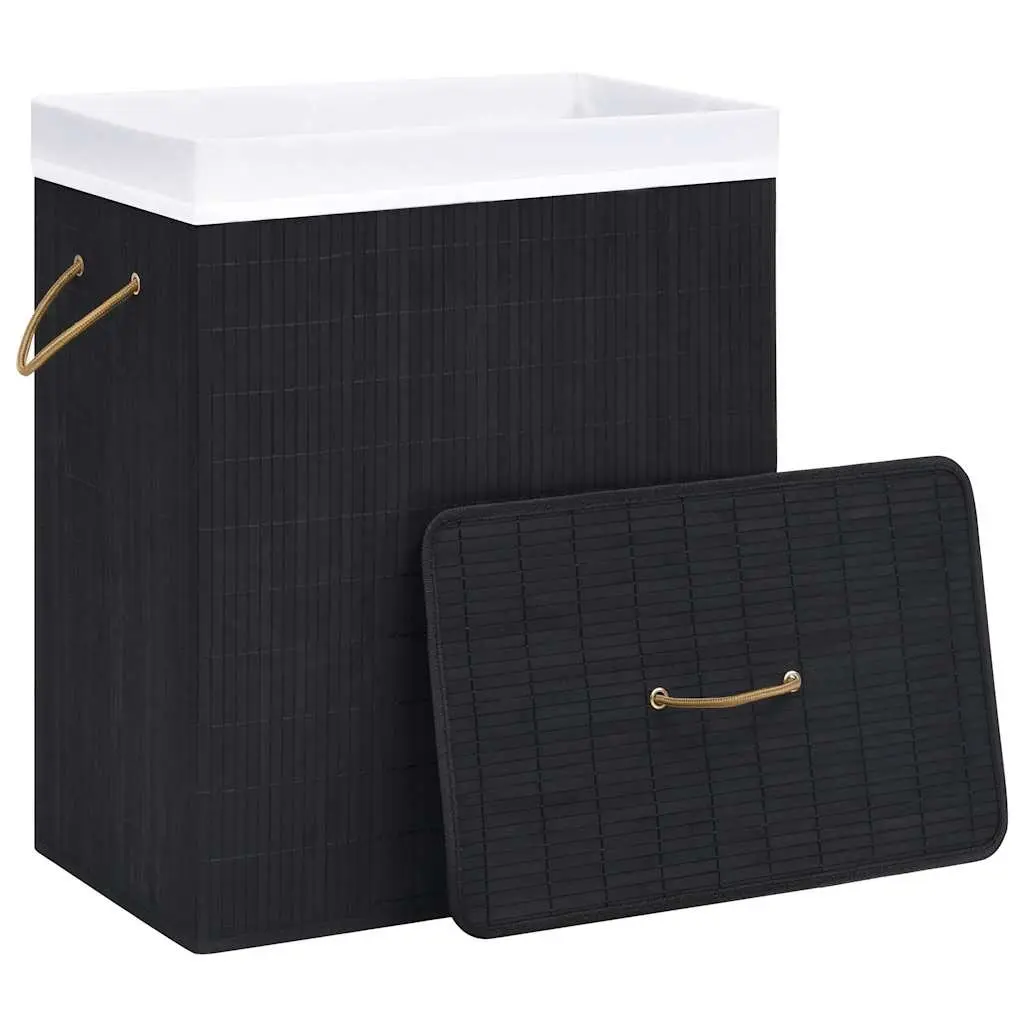 Bamboo Laundry Basket Single Section Black 83L Household Storage Hamper with