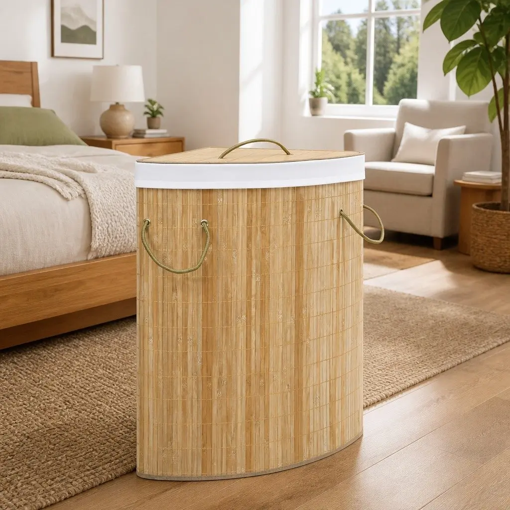 Bamboo Corner Laundry Basket Brown 60L Removable Liner