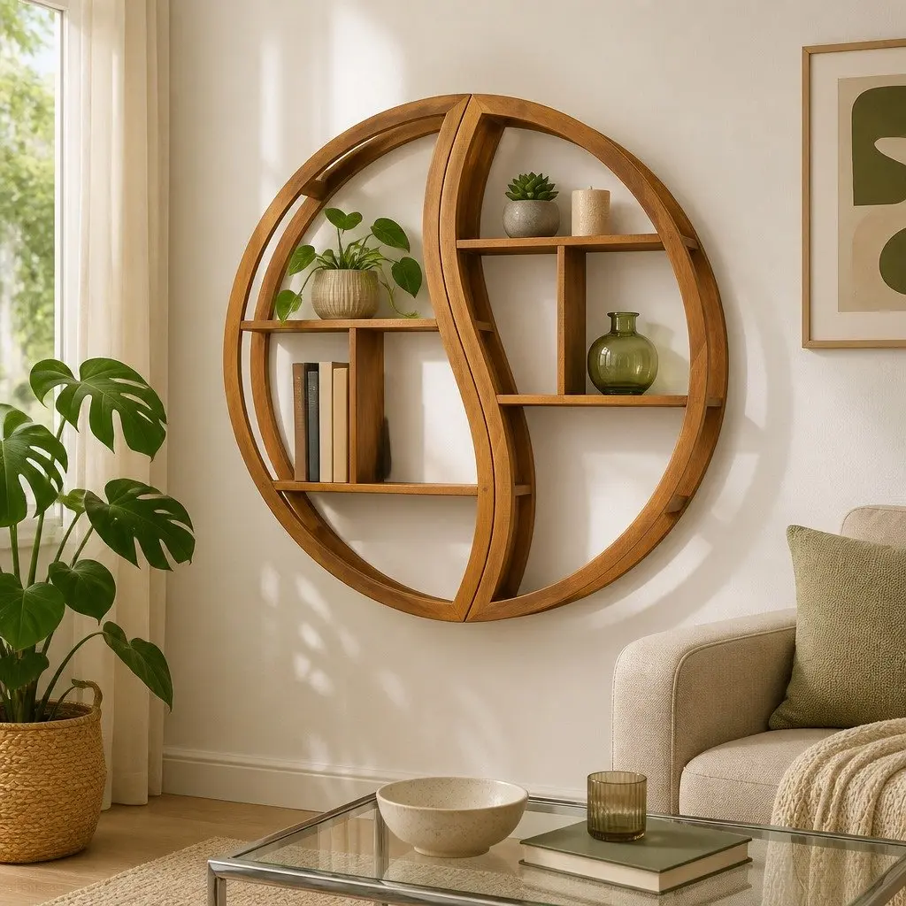 Yin Yang Wall Shelf Brown Solid Wood Teak Storage Display Organizer 100cm