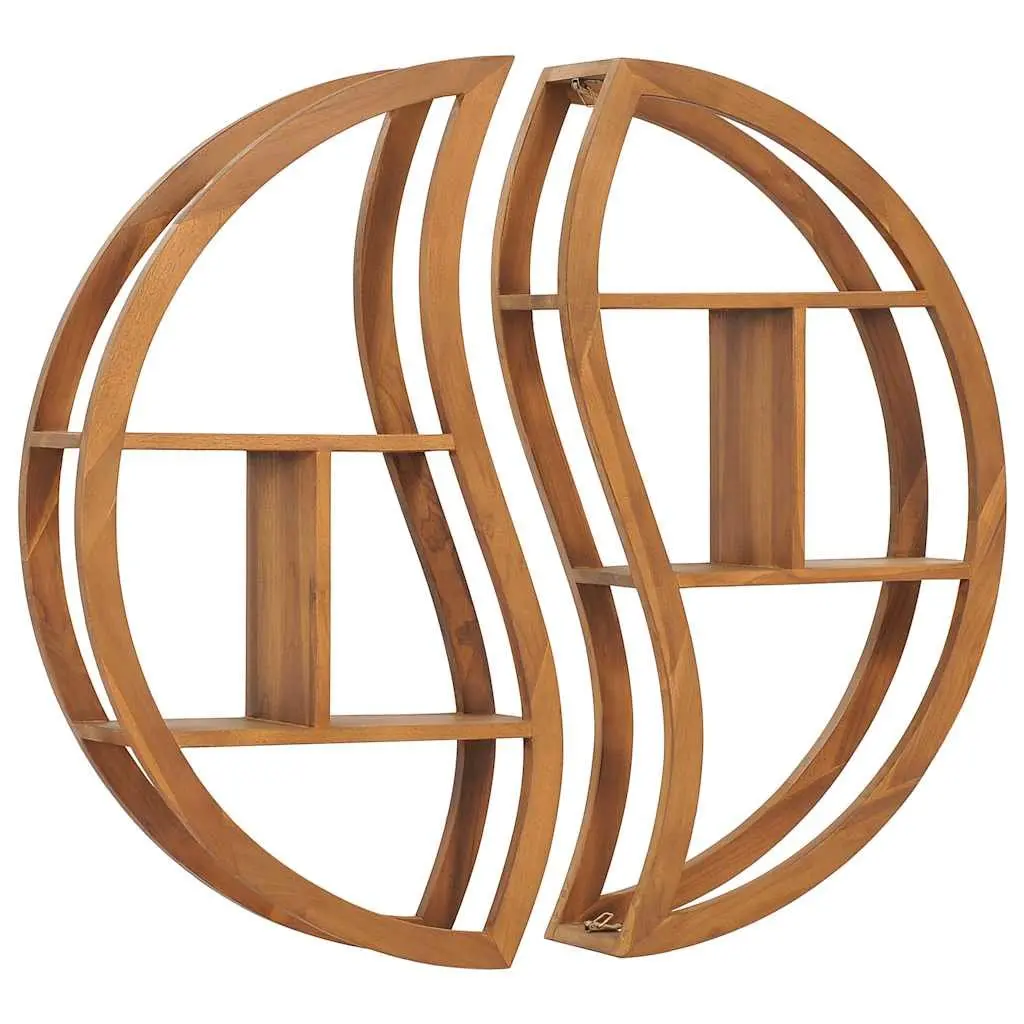 Yin Yang Wall Shelf Brown Solid Wood Teak Storage Display Organizer 100cm