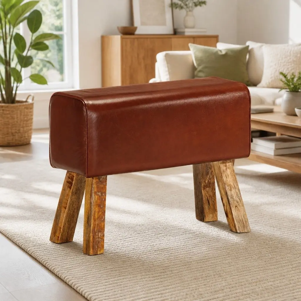 Gym Bok Bench Brown 58 cm Real Leather Seat Solid Mango Wood Legs Padded