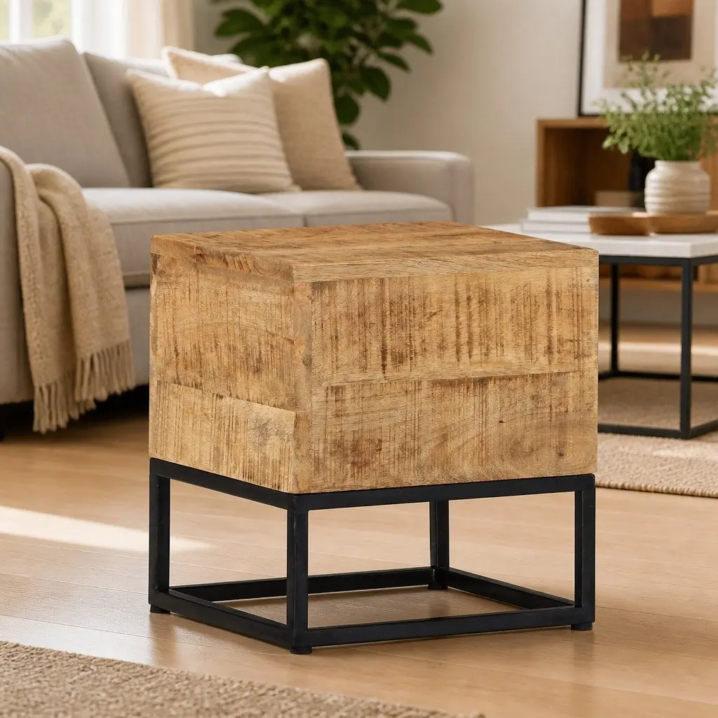 End Table Brown 30x30x33 cm Solid Mango Wood Side Table with Powder-Coated Iron Legs for Living Room