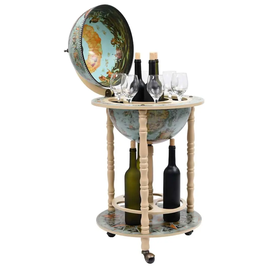 Globe Bar Wine Stand Blue Solid Wood Mobile Storage Bottle Glass Holder with Wheels