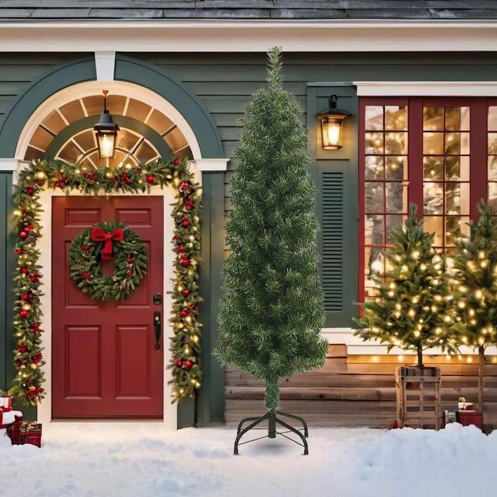 Slim Artificial Christmas Tree 210cm Green with Stand Indoor Outdoor Decoration