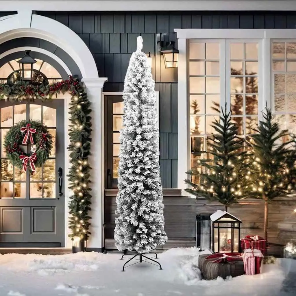 Slim Artificial Christmas Tree Green 210cm Flocked Snow Effect Indoor Outdoor