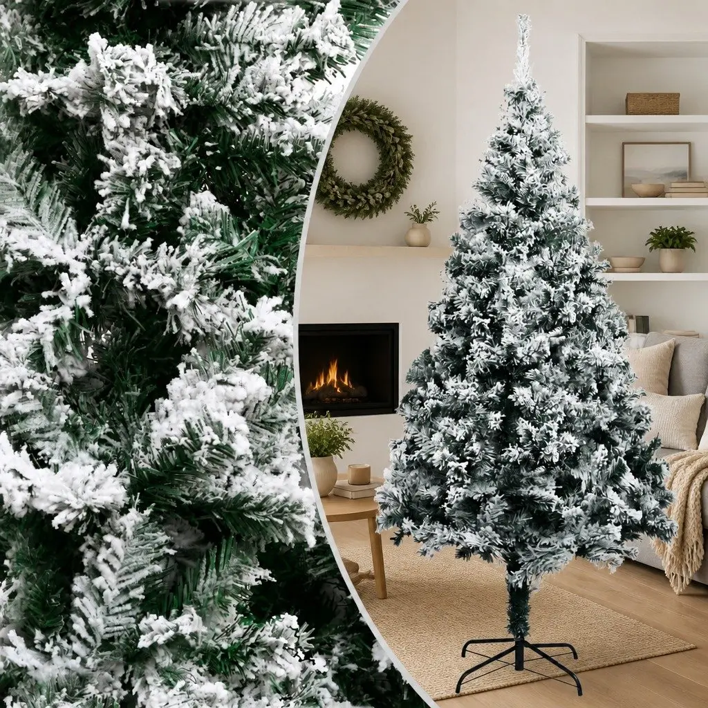 Artificial Christmas Tree Green 210cm Flocked Snow Branches Metal Stand