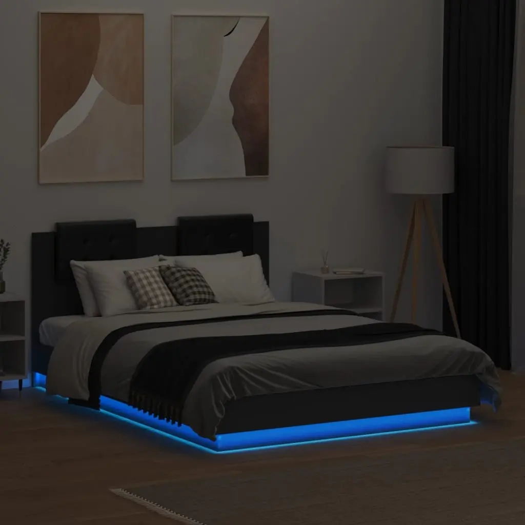 Black Bed Frame 135x190cm RGB LED Lights Engineered Wood Slats