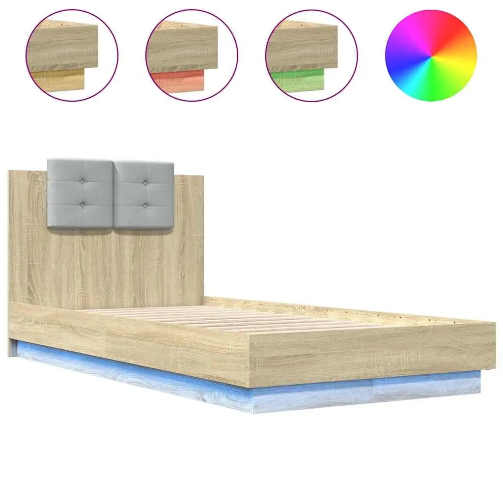 Bed Frame Sonoma Oak 90x190cm Integrated Headboard RGB LED Lights Slatted Base