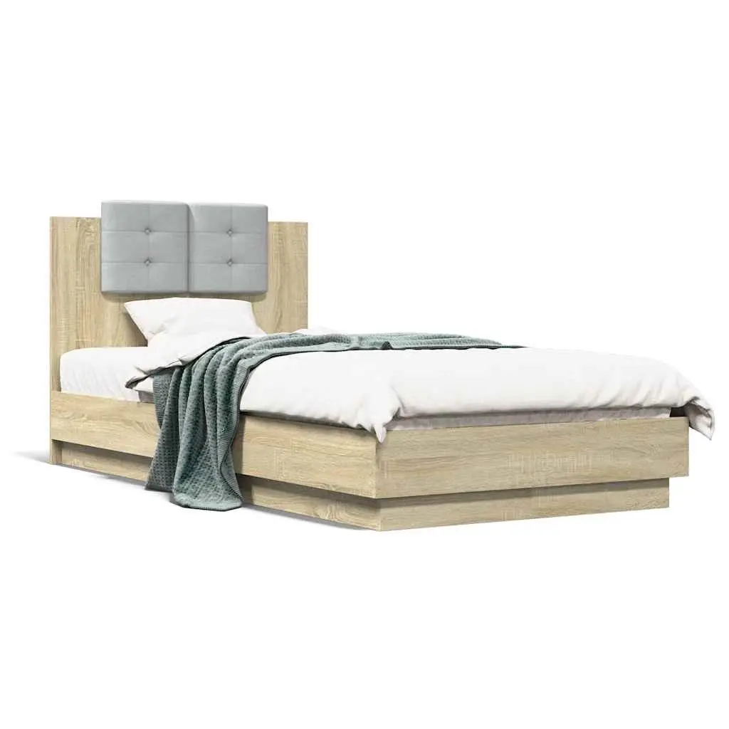 Bed Frame Sonoma Oak 90x190cm Integrated Headboard RGB LED Lights Slatted Base