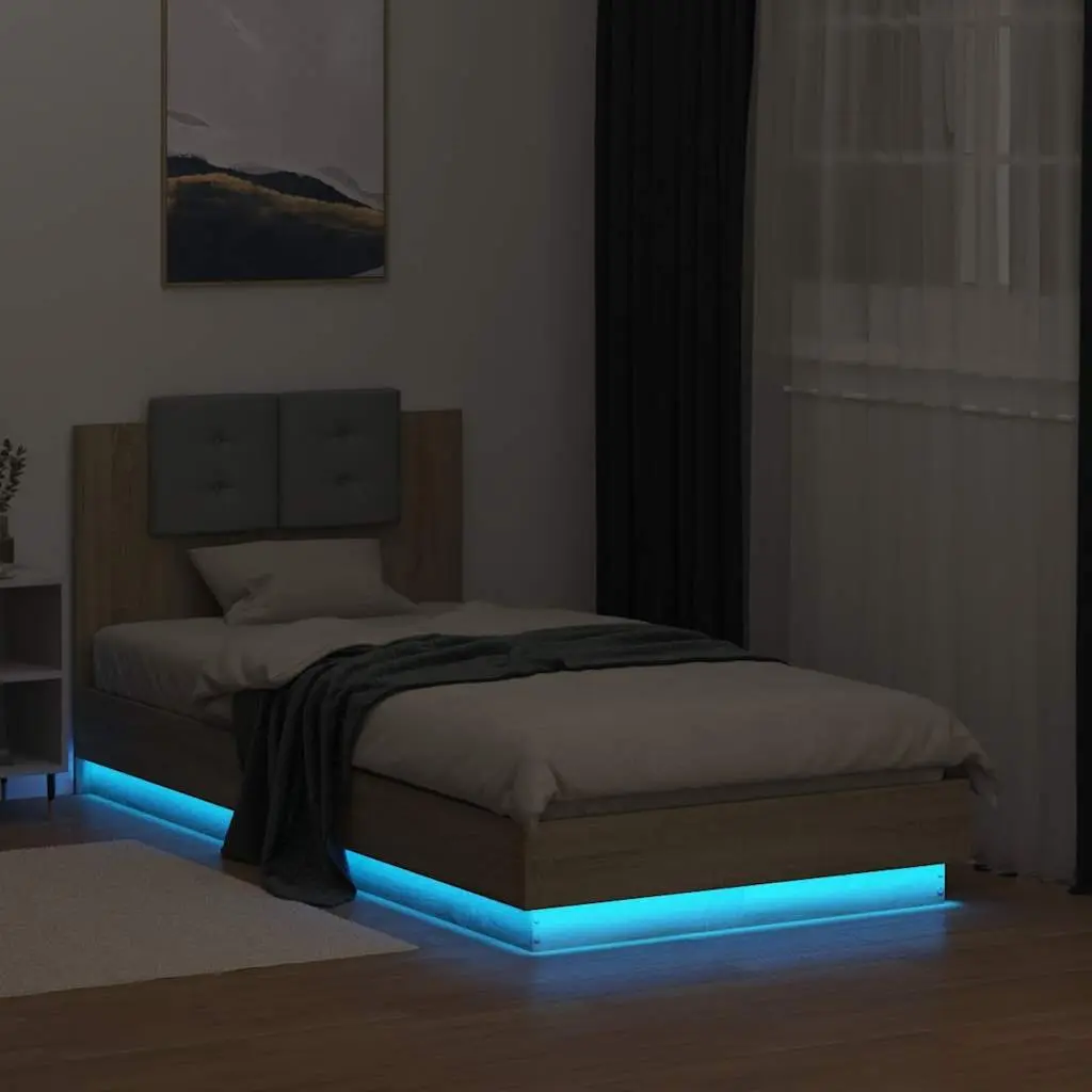 Bed Frame Sonoma Oak 90x190cm Integrated Headboard RGB LED Lights Slatted Base
