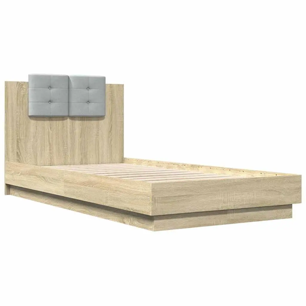 Bed Frame Sonoma Oak 90x190cm Integrated Headboard RGB LED Lights Slatted Base