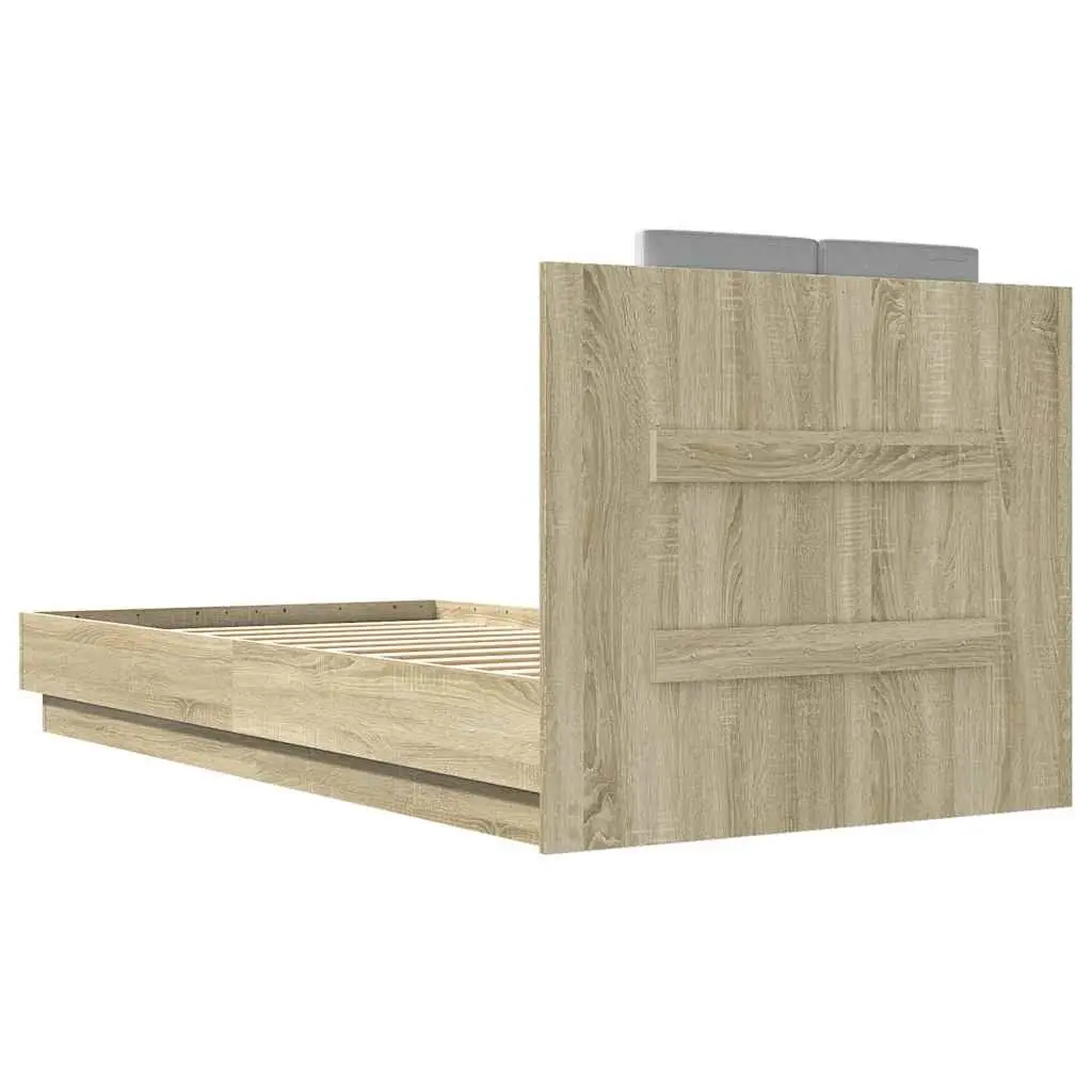 Bed Frame Sonoma Oak 90x190cm Integrated Headboard RGB LED Lights Slatted Base