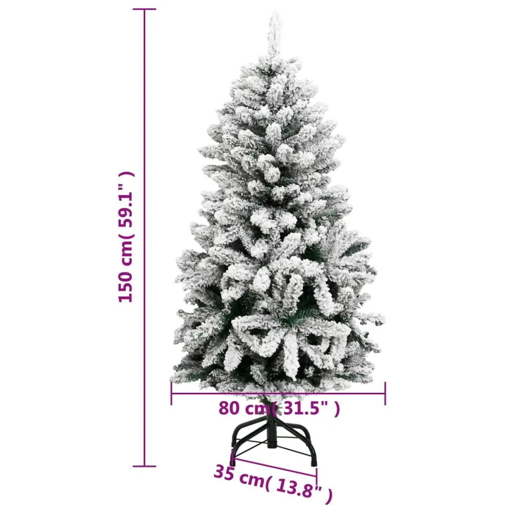 Artificial Christmas Tree Green 150cm Hinged Construction 150 LEDs Flocked Snow