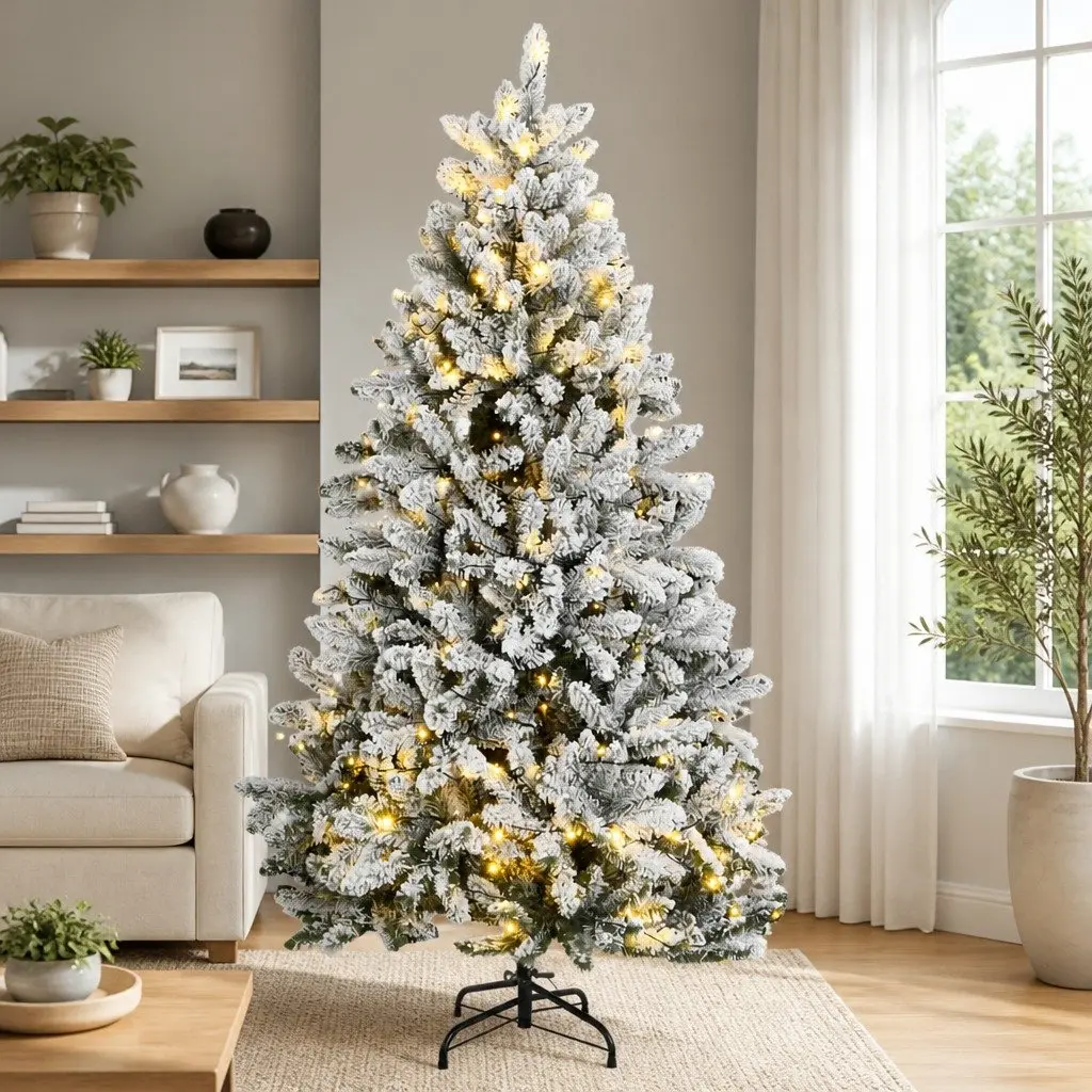 Artificial Christmas Tree Green White 210cm Hinged Construction 300 LEDs Flocked Snow 8 Lighting Modes