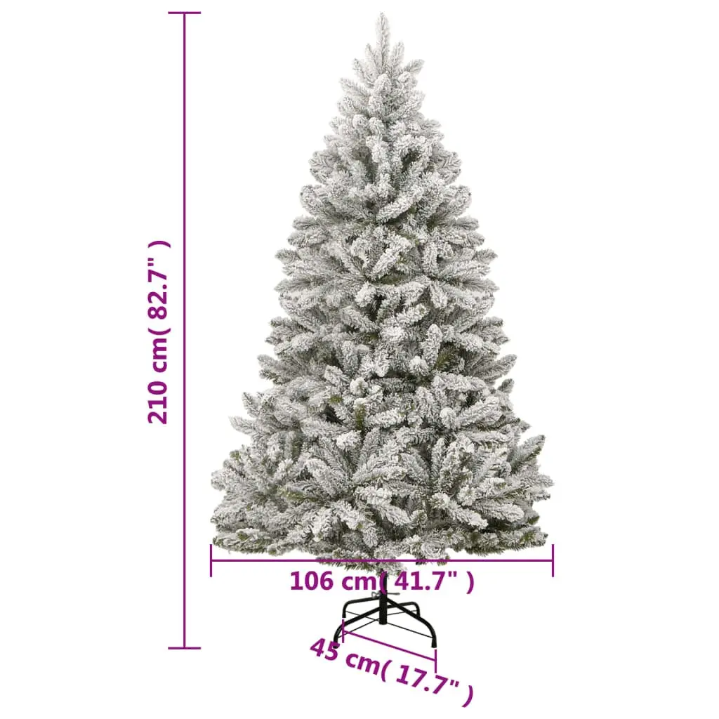 Artificial Christmas Tree Green White 210cm Hinged Construction 300 LEDs Flocked Snow 8 Lighting Modes