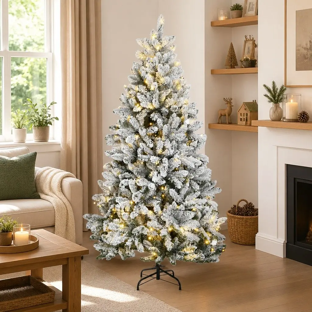 Artificial Christmas Tree Green 240cm Hinged with 300 LEDs Flocked Snow