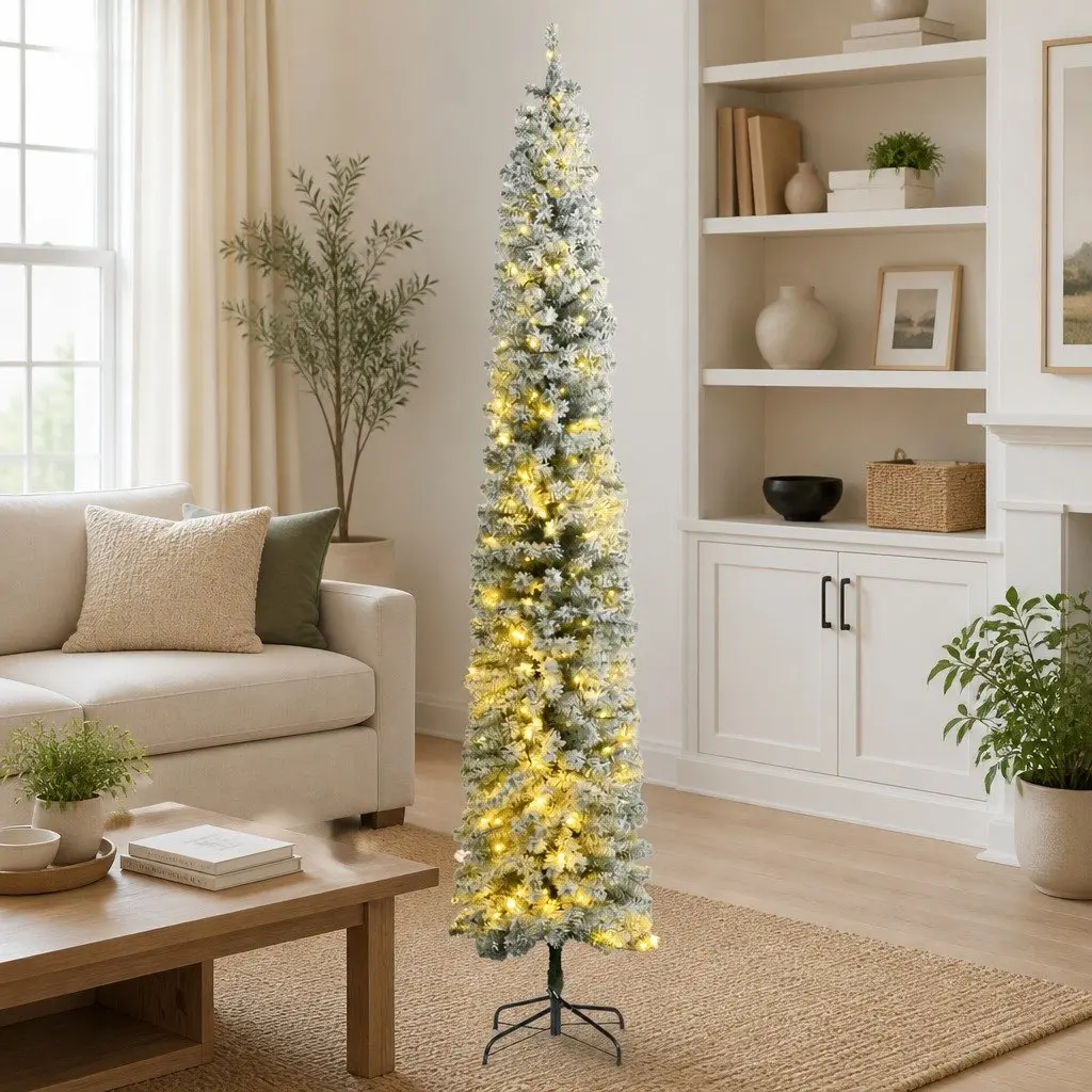 Slim Christmas Tree Green White 270cm 300 LEDs 8 Lighting Modes Flocked Snow