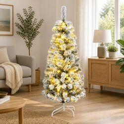 Artificial Hinged Christmas Tree 120cm 150 LEDs Flocked Snow Green Holiday Decor