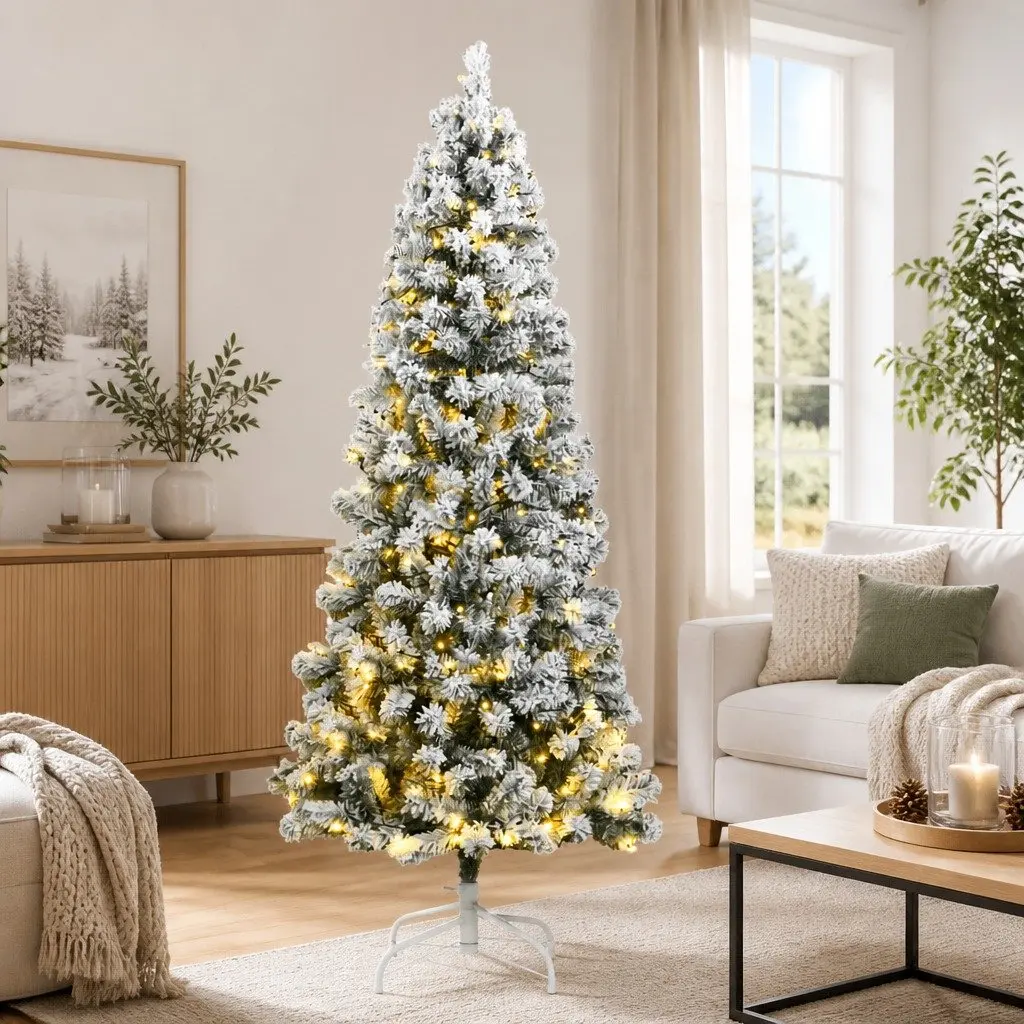 Artificial Christmas Tree Green 180cm Hinged with 300 LEDs Flocked Snow Decor