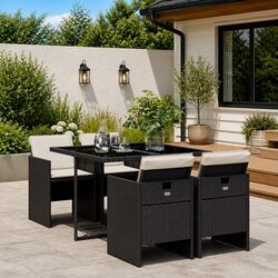 5 Piece Outdoor Garden Dining Set Poly Rattan Chairs Tempered Glass Table Black