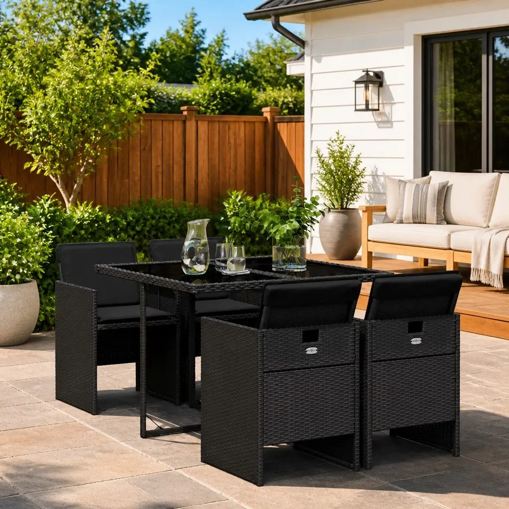 Garden Dining Set 5 Piece Black Poly Rattan Outdoor Furniture Patio Table Chairs