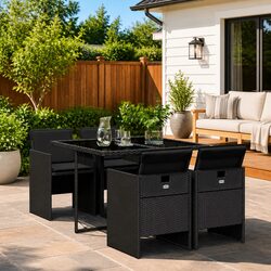 Garden Dining Set 5 Piece Black Poly Rattan Outdoor Furniture Patio Table Chairs