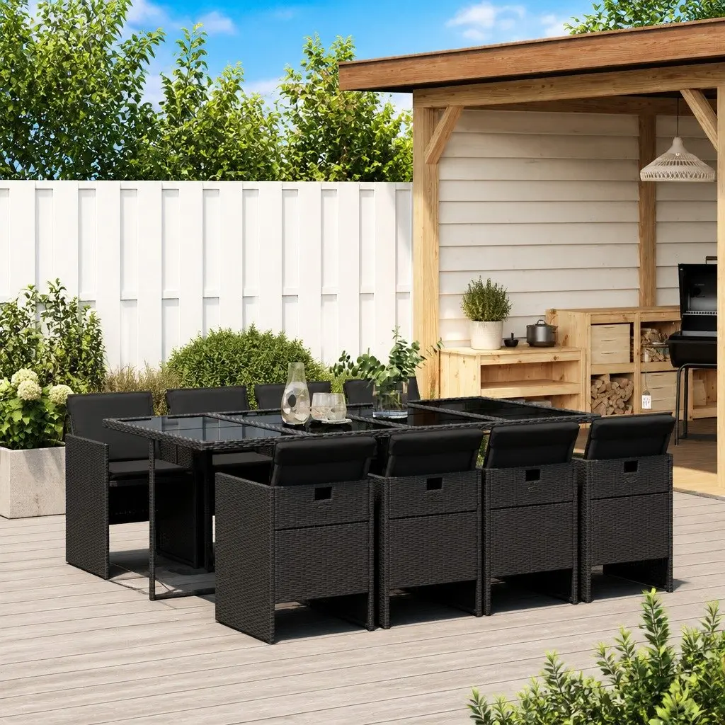 9 Piece Black Rattan Outdoor Dining Set with Foldable Chairs and Tempered Glass Table for Patio and Garden