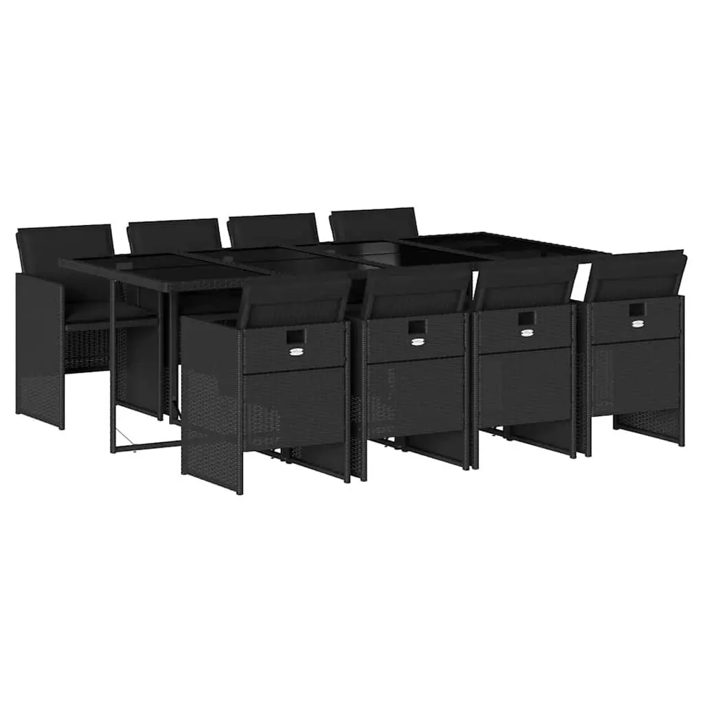 9 Piece Black Rattan Outdoor Dining Set with Foldable Chairs and Tempered Glass Table for Patio and Garden