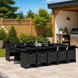 11 Piece Garden Dining Set Outdoor Patio Furniture Black Poly Rattan Chairs