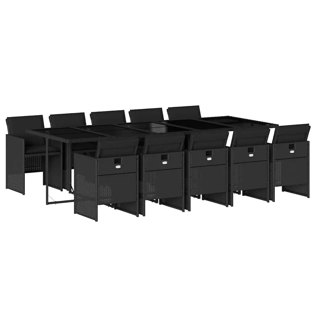 11 Piece Garden Dining Set Black PE Rattan Chairs Foldable Backrests Thickly Padded Cushions Tempered Glass Tabletop