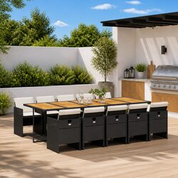 Outdoor Garden Dining Set 11 Piece Black Poly Rattan Chairs Table Cushions