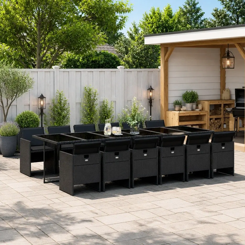Outdoor Garden Dining Set Black 13 Piece Foldable Chairs Tempered Glass Table