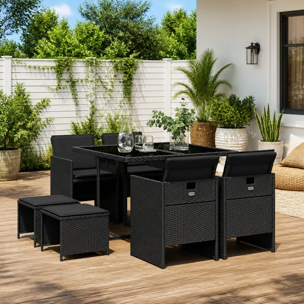 9 Piece Outdoor Dining Set Black Poly Rattan Garden Patio Furniture with