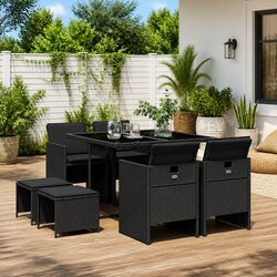 9 Piece Outdoor Dining Set Black Poly Rattan Garden Patio Furniture with
