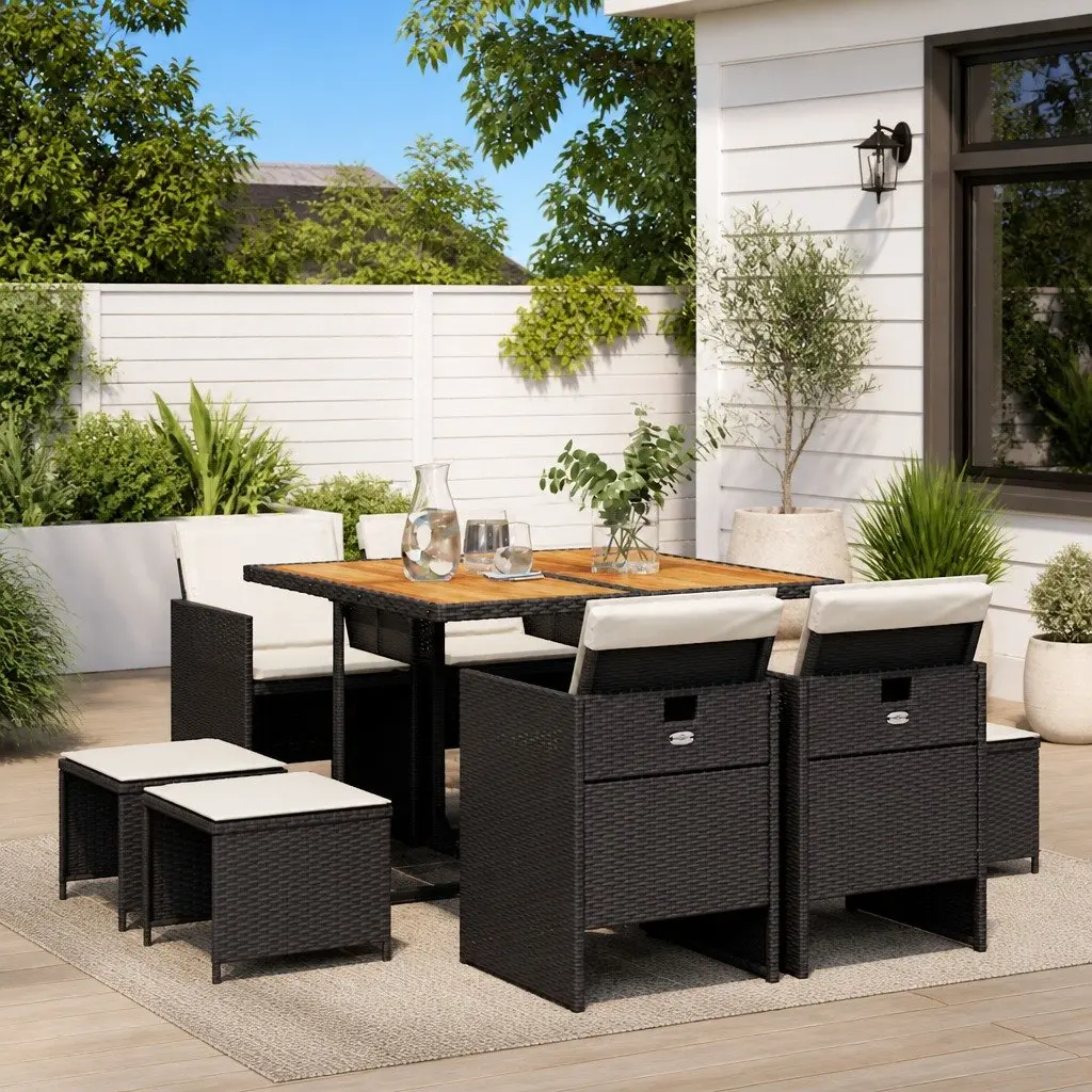 9 Piece Outdoor Dining Set Black Poly Rattan Chairs Table Acacia Wood Top