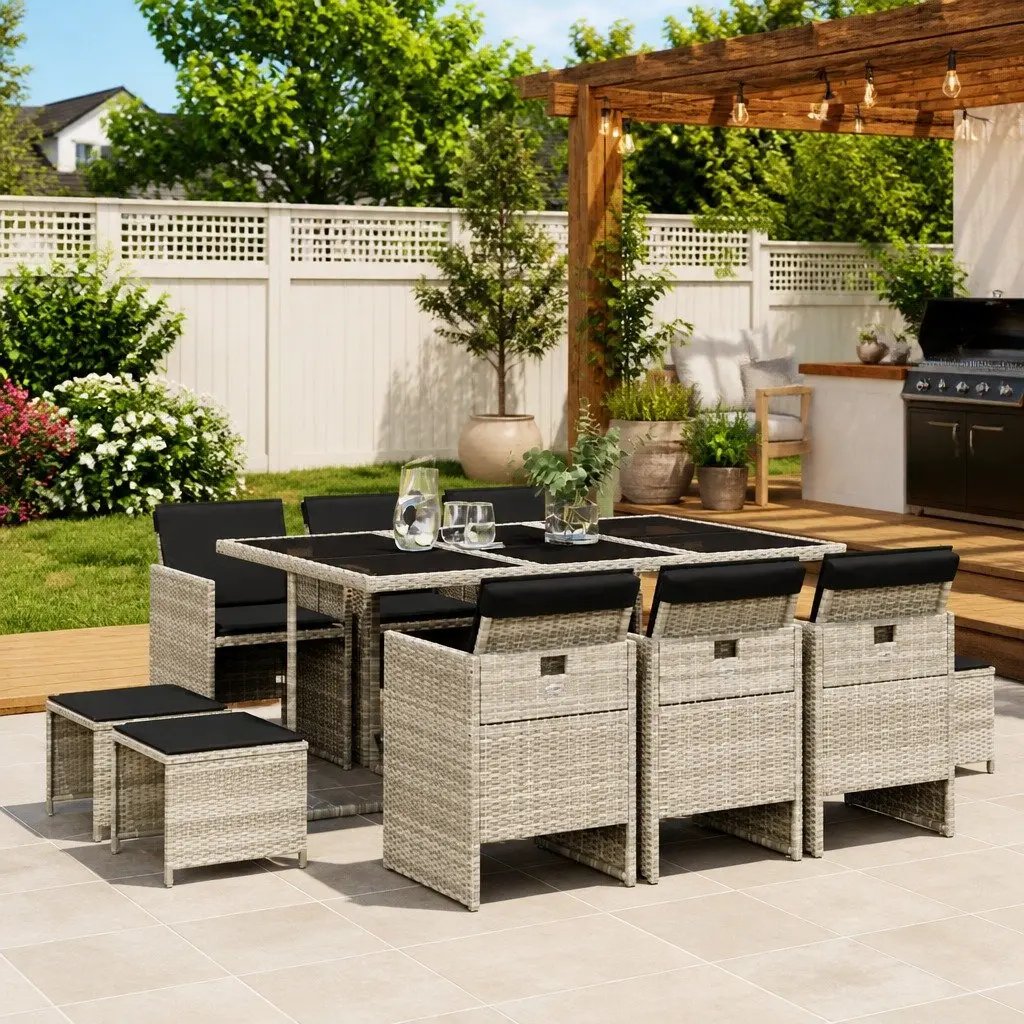 Garden Dining Set Light Grey 11 Piece Outdoor Furniture PE Rattan with Cushions