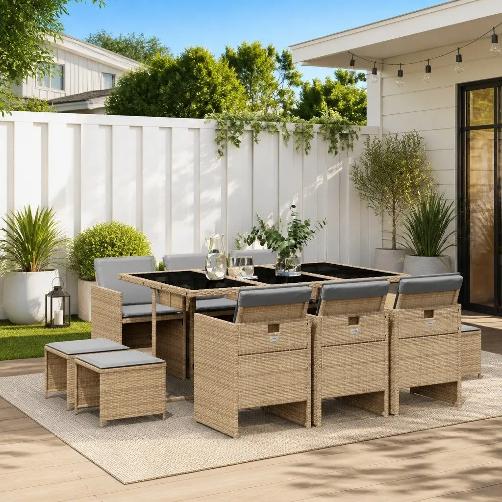 Garden Dining Set 11 Piece Outdoor Furniture Beige Poly Rattan with Cushions