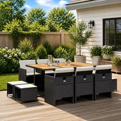 Garden Dining Set 11 Piece Outdoor Furniture Black Rattan Chairs Table Cushions
