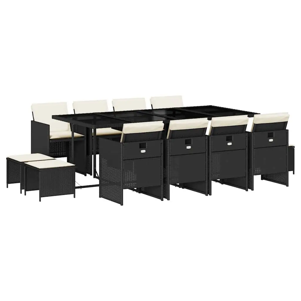 13 Piece Garden Dining Set Black Poly Rattan with Cushions Tempered Glass Tabletop Foldable Chairs