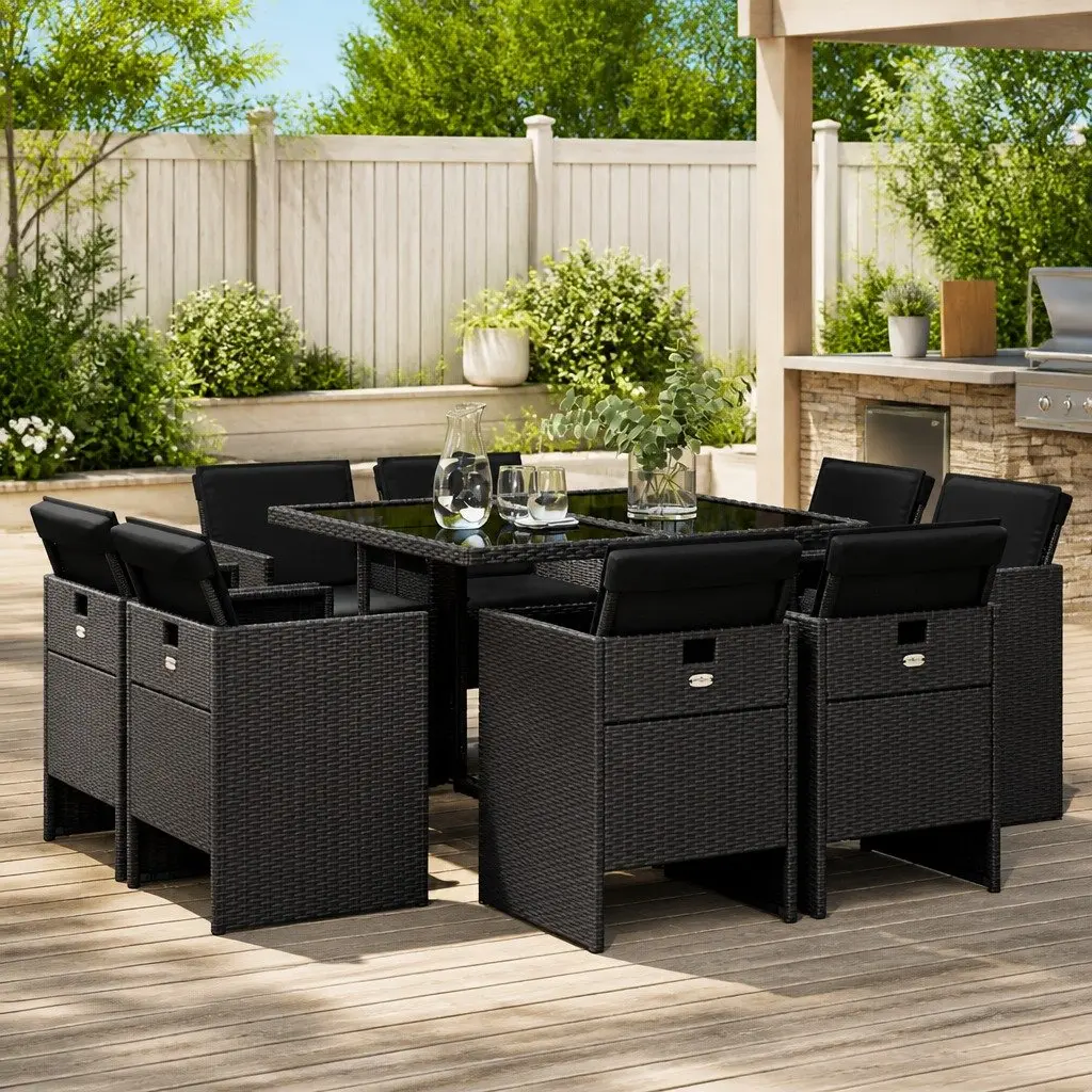 Garden Dining Set Black 9 Piece Outdoor Furniture Poly Rattan Chairs Table