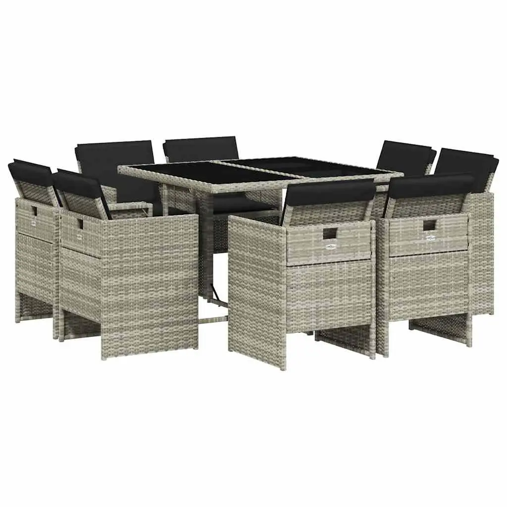 9 Piece Outdoor Dining Set Grey Rattan Table with Cushions Foldable Chairs for Patio Garden Furniture