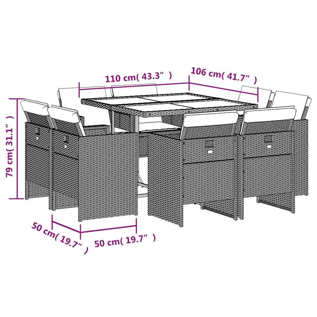 9 Piece Outdoor Dining Set Grey Rattan Table with Cushions Foldable Chairs for Patio Garden Furniture