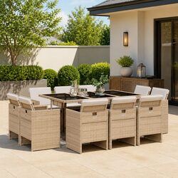 Concise 11-Piece Garden Dining Set with Rattan Chairs