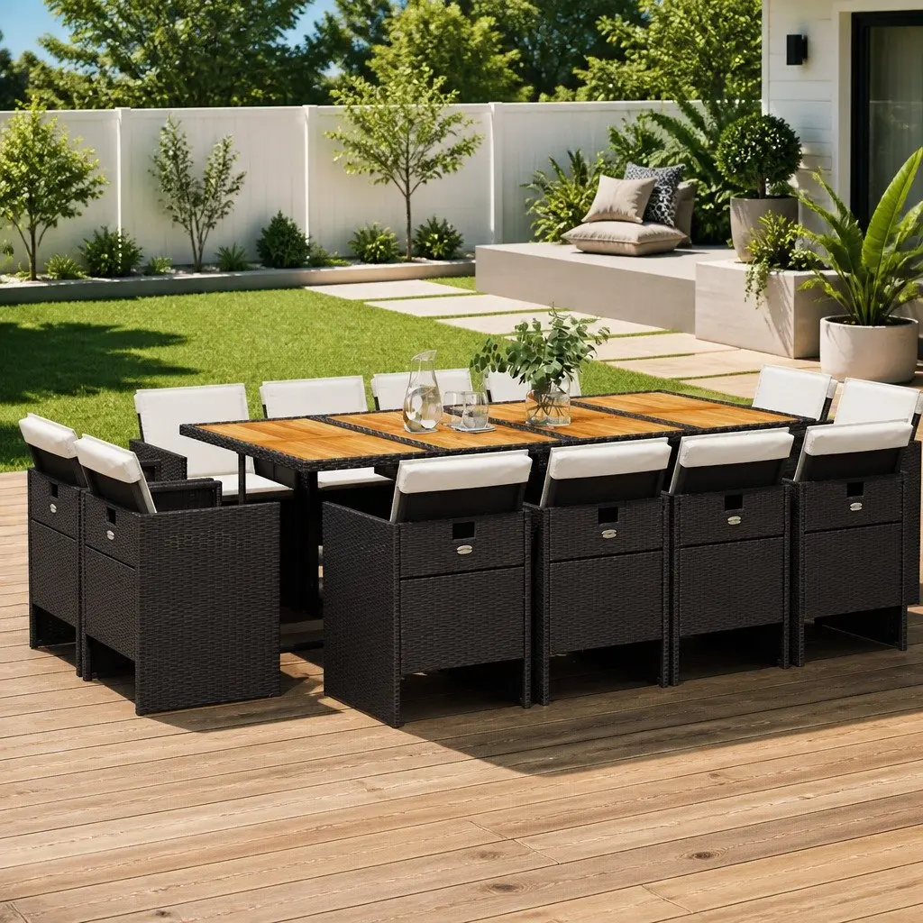 Garden Dining Set Black 13 Piece Outdoor Furniture Poly Rattan Chairs Acacia Wood Table