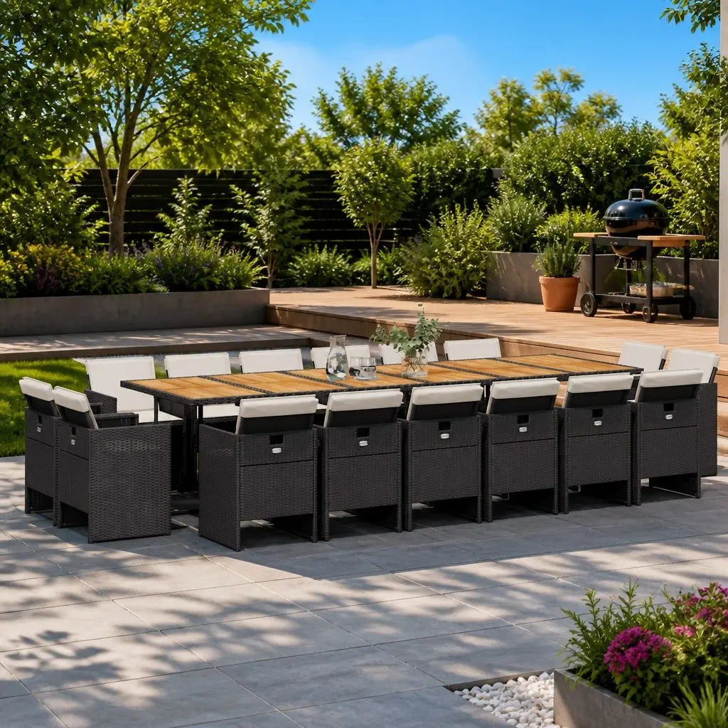 Garden Dining Set Black 17 Piece Outdoor Furniture PE Rattan Cushions Acacia Wood Table