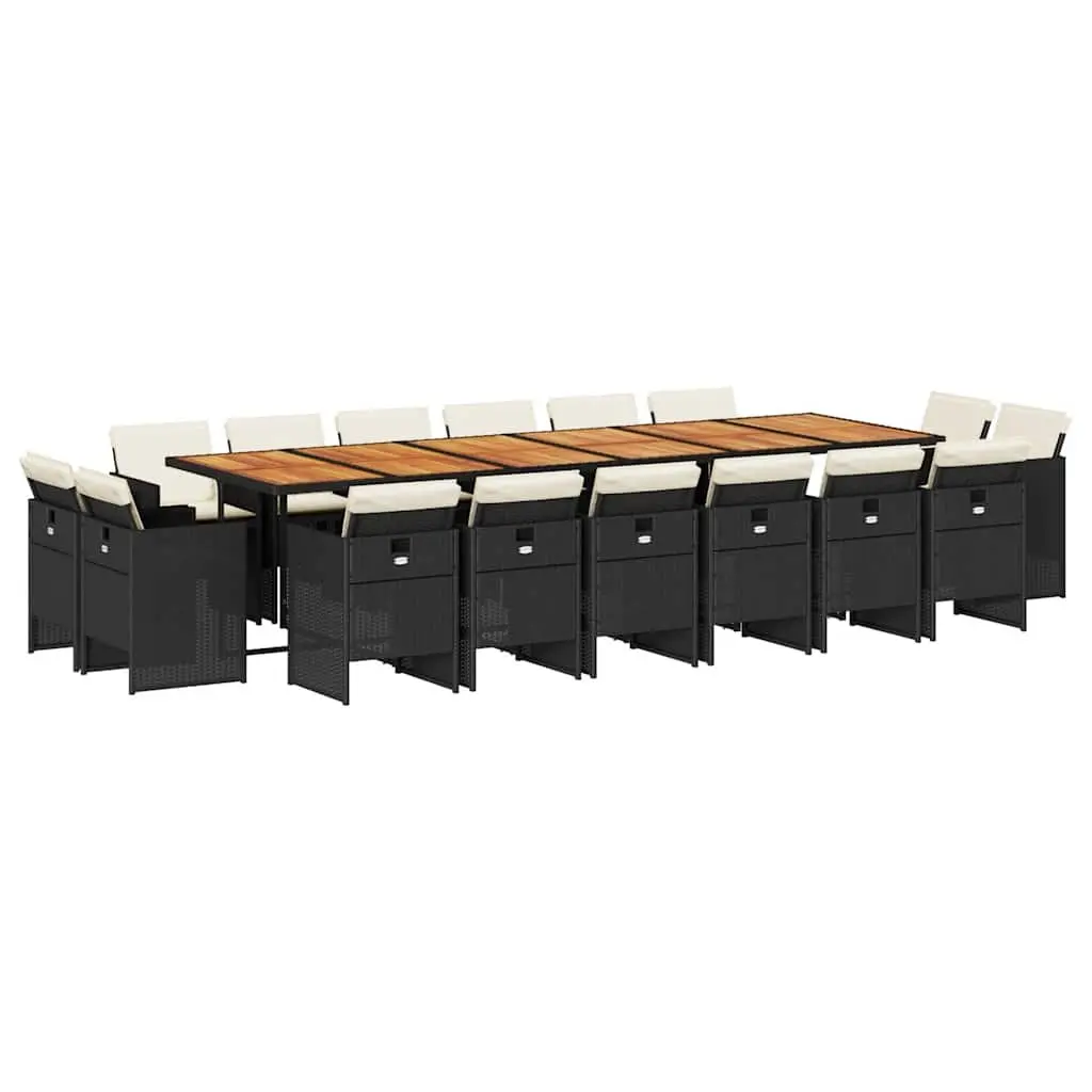 Garden Dining Set Black 17 Piece Outdoor Furniture PE Rattan Cushions Acacia Wood Table